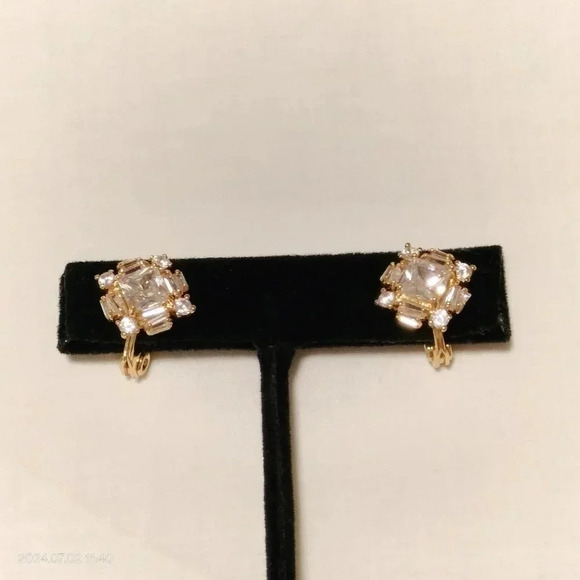 TJG Gold Tone Square Baguette Rhinestone Clip On Earrings - Picture 2 of 10